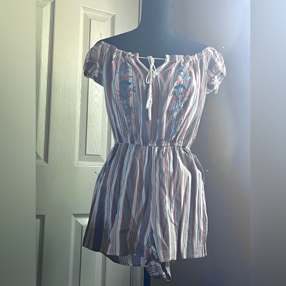 Striped Off-Shoulder Romper with Floral Embroidery